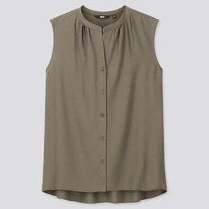 Uniqlo Sage Forest Green Sleeveless Blouse Button Down size L